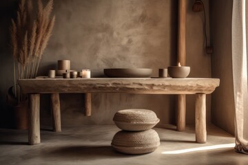 Elegant 3D Rendered Bathroom, Fusing Boho Design with Japandi Aesthetics for a Unique Ambiance....