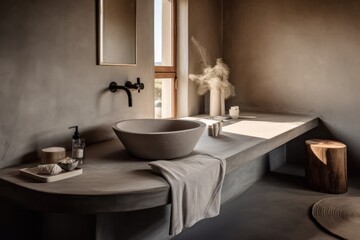 Naklejka na ściany i meble Elegant 3D Rendered Bathroom, Fusing Boho Design with Japandi Aesthetics for a Unique Ambiance....