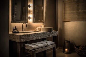 3D Render of a Tranquil Designer Bathroom with Boho Design, Freestanding Bathtub, and LED Lighting.