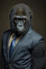 Portrait of baby gorilla in a business suit. Generative AI