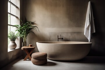 Close-up Details of a Serene Japandi Style Bathroom, Showcasing a Freestanding Tub and LED Lighting.