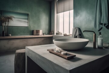 Naklejka na ściany i meble Close-up Details of a Stylish Bathroom, Merging Japandi Simplicity with an LED-lit Freestanding Tub.