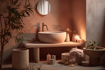Obraz na płótnie Canvas Close-up Details of a Tranquil Designer Bathroom with Boho Design Elements, Luxurious Freestanding Bathtub, and Natural Light.