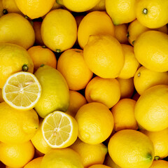 Fresh lemon fruits as a background, top view. Background of freshness lemons. Mediterranean diet, vitamin C. Lemon harvest, many yellow lemons.