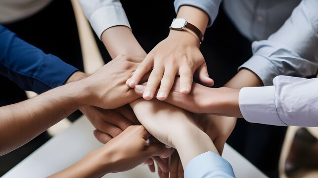 View of business partners hands on top of each other symbolizing teamwork