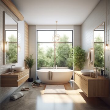 Elegant Designer Bathroom Showcasing a Freestanding Tub, LED Lighting, and Luxurious Details..