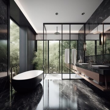 Modern Luxury Bathroom with Designer Touches, Freestanding Bathtub, and LED Lighting Accents..