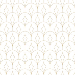 Fototapeta na wymiar Luxury art deco seamless pattern. Golden vector geometric linear texture with thin curved lines, peacock pattern, grid, lattice ornament. Elegant gold and white abstract background. Repeated design