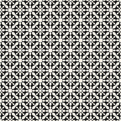 Vector ornamental seamless pattern. Simple black and white floral ornament with small curved shapes, grid, lattice, mesh, flower silhouettes, repeat tiles. Elegant monochrome background. Geo design