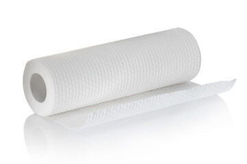 Roll of white disposable nonwoven fabric napkins isolated on white