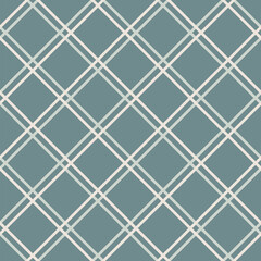 Square grid vector seamless pattern. Abstract linear geometric texture with thin diagonal crossing lines, rhombuses, mesh, lattice, grill. Simple retro style background. Soft green and beige color