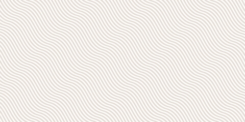 Subtle beige and white curvy wavy lines pattern. Vector seamless texture with thin diagonal waves, stripes. Simple abstract minimal background, optical illusion effect. Repeat decorative geo design