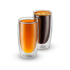 Two glass cups of tea and coffee isolated on white backgound