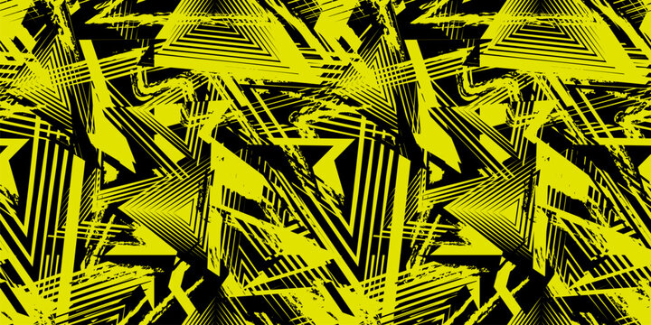 Abstract sport pattern. trendy vector seamless grunge background. Urban art texture with neon lines, triangles, chaotic brush strokes, ink, splatter. Grunge graffiti pattern. Black and yellow design