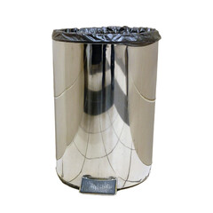 Open stainless steel bucket for garbage in the toilet, isolated on a white background. Garbage...