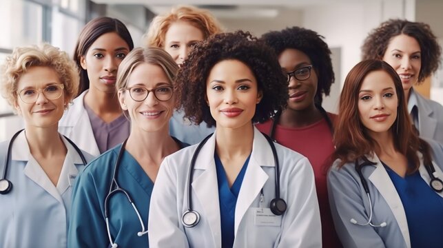 Portrait Group Of Diverse Female Physicians Doctors Together, Generative AI