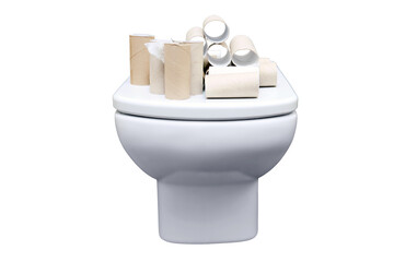 Lots of empty toilet paper rolls piled up in the bathroom, isolated on a white background