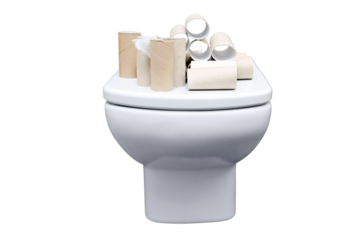 Lots of empty toilet paper rolls piled up in the bathroom, isolated on a white background