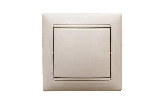 Single switch on beige wallpaper, close-up, isolated on a white background