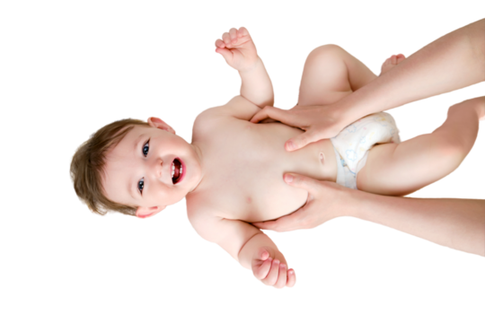 A mother with a toddler baby does gymnastics, children sports and fitness, isolated on a white background. Woman mom and child do morning exercises lying. Kid aged one year