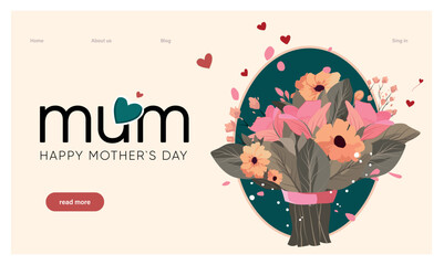 Happy mothers day illustration with woman holding a Flowers. Thank you card with blooming flowers. Use for Boarding Pass, birthday card, invitations, Birthday card Vector illustration