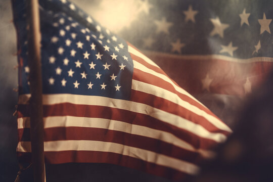 American Flag. Usa Flag waving outdoors, bokeh. 4th July - Independence day concept. High quality photo Generative AI
