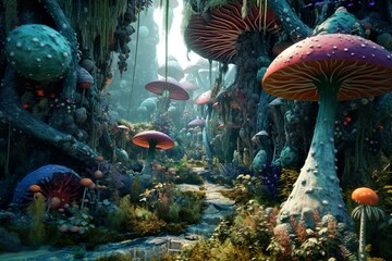 Psychedelische Pilze. In Landschaft. Mit Wald, einem Weg, Sonnenlicht und B&auml;umen