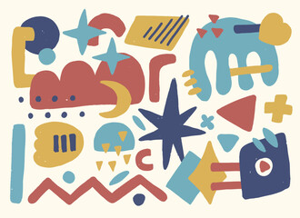 Hand drawn abstract colorful illustration of different shapes and colors