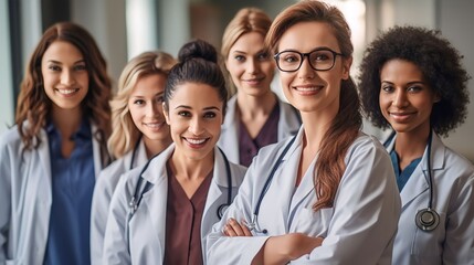 Fototapeta premium Portrait group of diverse Female Physicians Doctors together, Generative AI