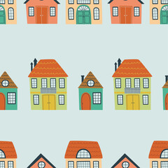 Pattern with cute houses for children's design. Hand drawn vector illustration.