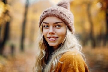 Portrait of a young beautiful woman with long blonde hair and knitted hat in autumn forest