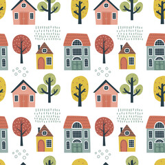 Pattern with cute houses for children's design. Hand drawn vector illustration.