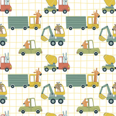 Cartoon vehicles vector seamless pattern. Cute kids cars and truck on a white background.  Hand drawn baby transport for textile © Evgeniia