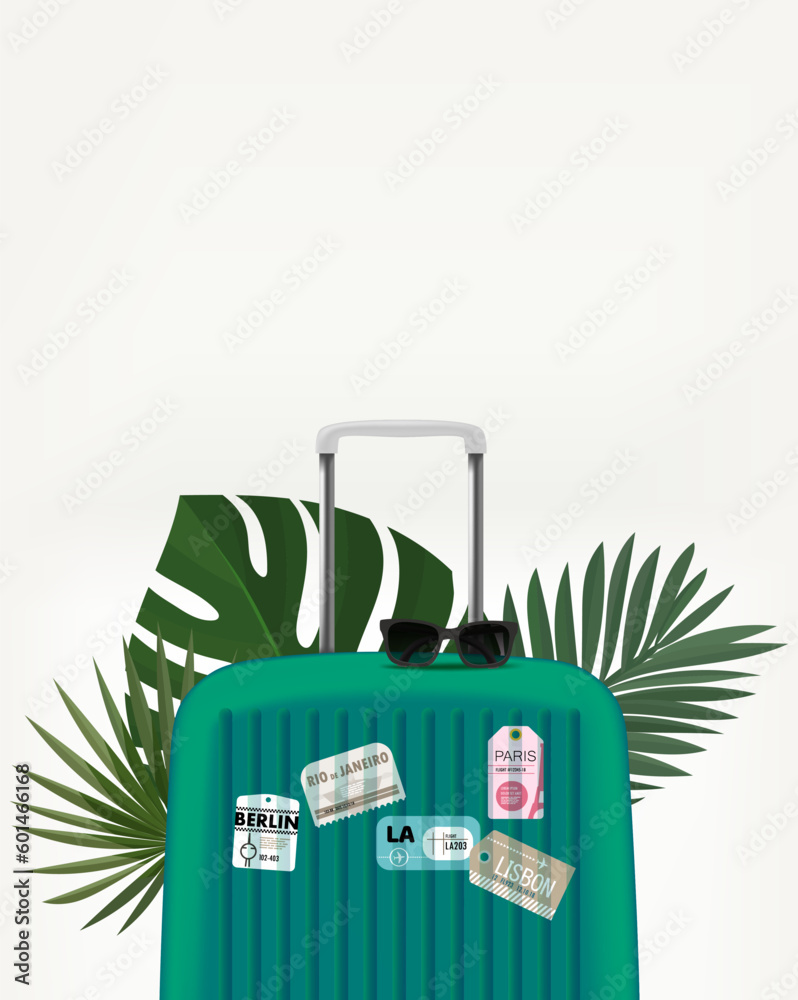 Poster green travel suitcase and palm leaves. 3d vertical vector banner with copy space