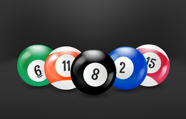 Colour billiard balls. 3d vector banner with copy space
