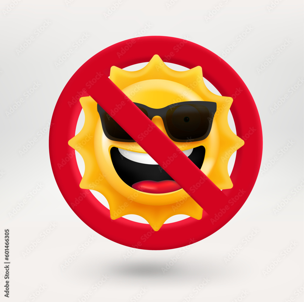 Poster cute sun emoji in red circle with crossed line. no light concept. 3d vector icon