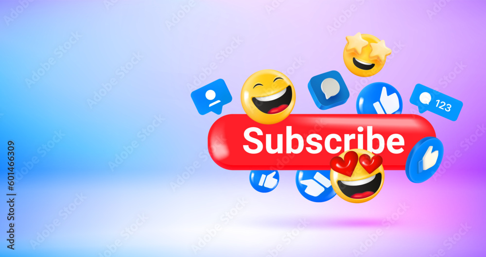 Poster Social media icons and emoji and Subscribe button.Vector 3d banner with copy space
