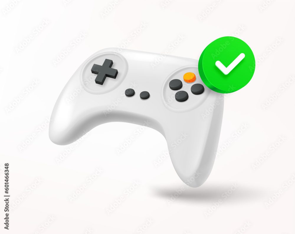 Poster gamepad with green checkmark. 3d vector icon