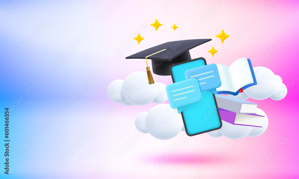 Poster back to school concept with graduation cap, smartphone and books. 3d vector banner with copy space