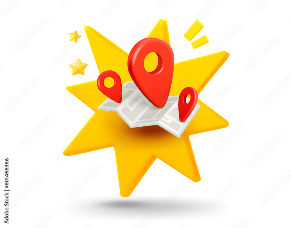 Poster Travel map with pins and explosion effect. 3d vector mobile application icon with notification