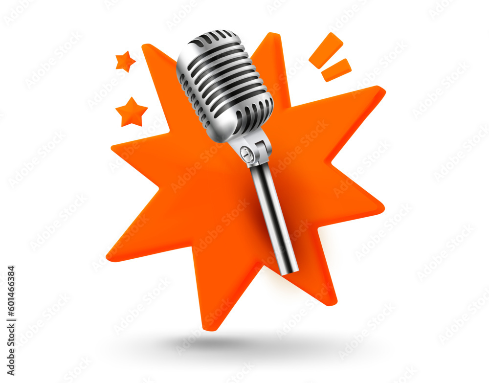 Poster Broadcast microphone with explosion effect. 3d vector mobile application icon with notification