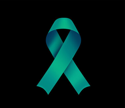 Ovarian cancer awareness symbol. Teal ribbon isolated on black background