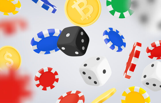 Casino game concept with color casino chips, dice and coins. 3d vector illustration