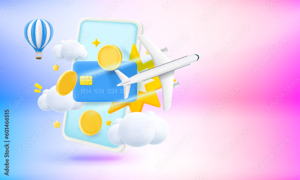 Aufkleber digital online payment via modern smartphone. bying tickets concept. 3d vector banner with copy spac