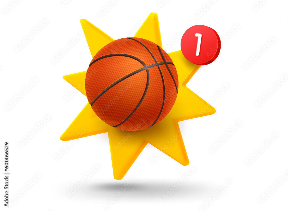 Poster Bastetball ball with explosion effect. 3d vector mobile application icon with notification