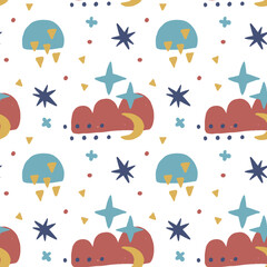 Hand drawn seamless vector kids pattern with stars and moon on a white background
