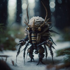 Fototapeta premium Generative AI of a fantasy alien creature in a snowy forest.