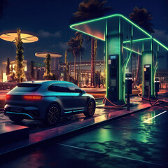 Electric vehicle charging at a green neon lit EV charging station, Generative AI illustration