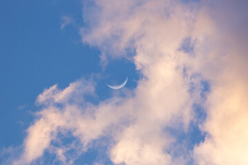 The crescent moon near sunset with blue sky and wispy pink hued clouds. Beautiful skyscape above the Sonoran Desert. A sliver of the moon with fluffy cloudscapes. 