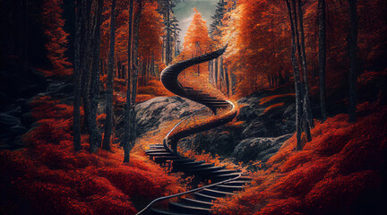Stairs Ending In The Air Somewhere In A Forest Autumn Landscape AI Generative